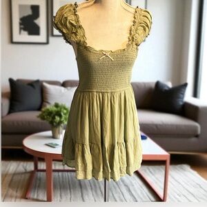 Love Tree Olive Green Smocked Ruffle Mini Dress | Size M | NWOT